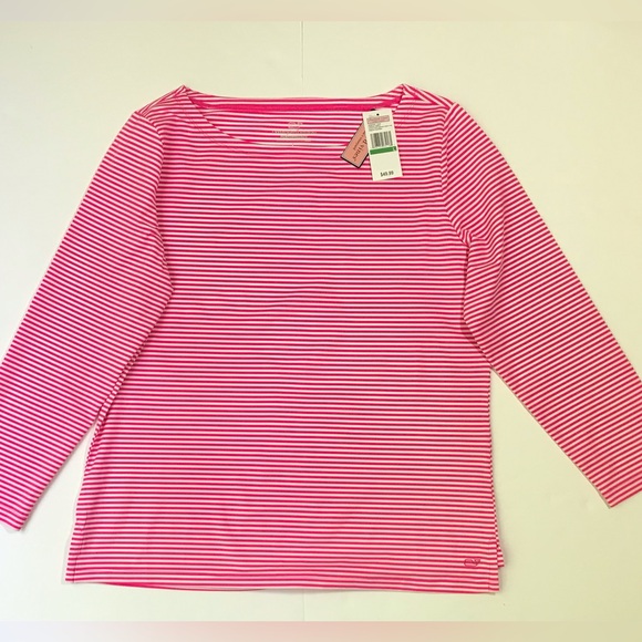 Vineyard Vines NWT Womens Size Large Pink/White Stripe Performance Top - Picture 1 of 5